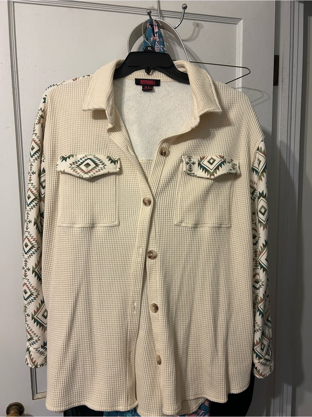 Cream Waffle-Knit Cardigan with Aztec-Trim Sleeves